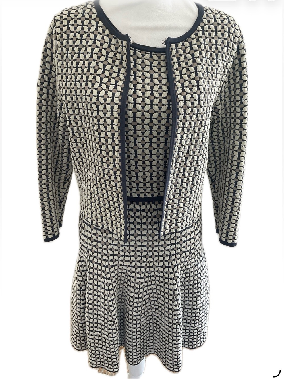 ****Monsoon **** Navy, Cream and Taupe Geometric Knit Dress & Jacket.